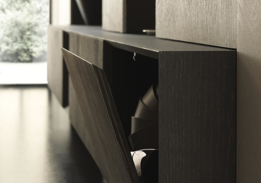 detalle de ingletado de modulo more en madera y resina cemento - Librerías de diseño